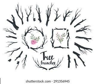 Rustic decorative vector design. Hand drawn vintage wood tree branches and wreaths. 