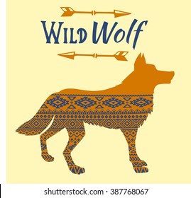 Rustic decorative wolf with native tribal ornaments. Hand drawn vector illustration.