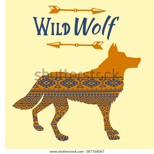 Rustic decorative wolf with native tribal\
ornaments. Hand drawn vector\
illustration.