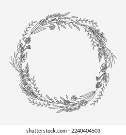 Rustic, delicate round frame vector made of beautiful branches, botanical wreath