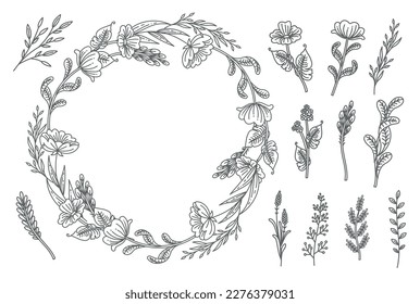 Rustic, delicate round frame vector made of beautiful branches, botanical wreath