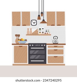 Rustic dining interior with fresh fruits. Kitchen interior full of utensils and species shakers. Room decorated with ceiling lamp set and clock. Wooden kitchen set hand drawn flat vector illustration