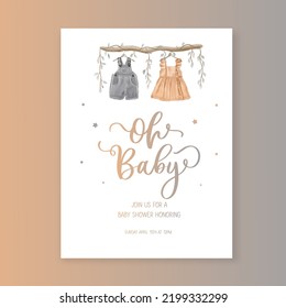 Rustic Dusty Floral Cottagecore Baby shower invitation and happy birthday greeting card with watercolor cute baby clothes