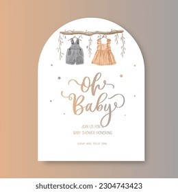 Rustic Dusty Floral Cottagecore Baby shower invitation and happy birthday greeting card with watercolor cute baby clothes