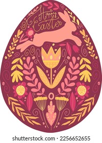 Huevo rústico de Pascua con conejo estilo escandinavo con elementos florales ilustración vectorial