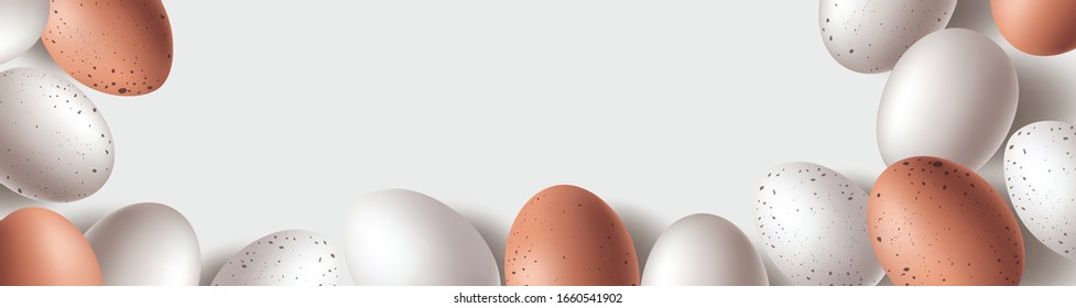 Rustic Easter Eggs Background with copy space. Mixed White and Brown eggshell egg flat lay. 3D Vector Eggs Illustration on white backdrop.