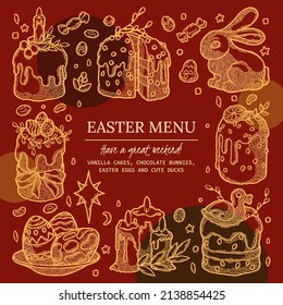 Rustic Easter Menu Frame as vector image. Ready to Use Engraved style Social Media Template with Design Element. Kulich with Orange, Seed, Candle, Duck, Colored Egg with Pattern on Plate and Candy
