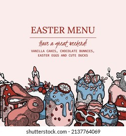 Rustic Easter menu as vector image with Russian Traditional Easter Cake Kulich and Colored Eggs with Patterns. Border in Etched Engraving Style. Boho and Retro Style for Recipe Book, Menu, Delivery