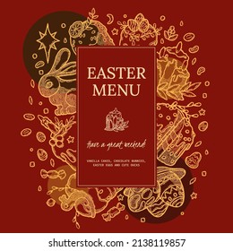 Rustic Easter menu as vector image. Ready to use Template for Postcard, Recipe, Food Blog. Etching Style, Boho and Vintage. Collection of Easter Cake and Pastry with Chocolate Rabbit, Duck, Willow