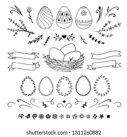 Rustic Easter set. Vector set of hand drawn floral elements for Easter holiday decoration. Flowers, leaves, ribbons and floral wreaths isolated on white. 