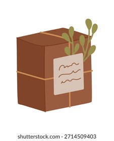 Rustikale Öko-Kraftgeschenkbox im flachen Stil. Braunes Papppaket mit Geschenk- und Boxkonzept, perfekt für neue Urlaubsthemen. Moderner grafischer, natürlicher und nachhaltiger Ansatz.