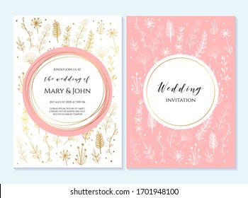 Rustic elegant wedding invitation template with gold flowers. Design layout for menu, greeting card, flyer, beauty, anniversary, baby shower, bridal boho element.