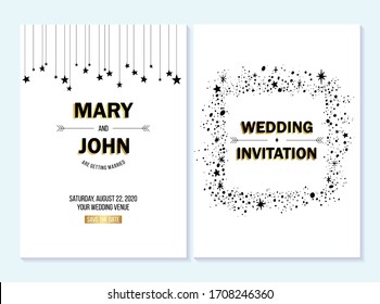 Rustic elegant wedding invitation template with gold stars. Design layout for menu, greeting card, flyer, beauty, anniversary, baby shower, bridal boho element.