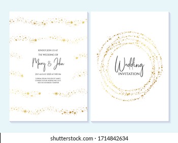 Rustic elegant wedding invitation template with gold stars. Design layout for menu, greeting card, flyer, beauty, anniversary, baby shower, bridal boho element, wedding, elegant star and space