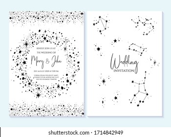 Rustic elegant wedding invitation template with gold stars. Design layout for menu, greeting card, flyer, beauty, anniversary, baby shower, bridal boho element, wedding, elegant star and space