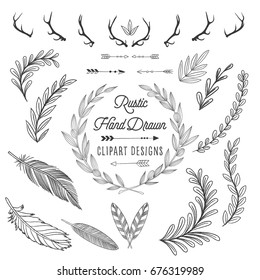 Rustic Elements Set - Hand drawn design elements. Leaves, wreaths, feathers, arrows, antlers