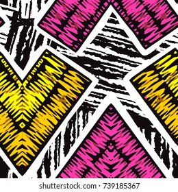 Rustic embroidery seamless pattern.Vector traditional fashion ornament patch crosslinked in a rough manner