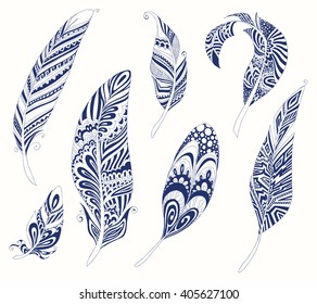 Rustic Ethnic decorative feathers. Hand drawn vintage vector design set. Black and white ink sketch illustration. Vintage Tribal and Decorative zentangle feathers.