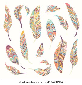 Rustic Ethnic decorative feathers on colorful background. Hand drawn vintage vector design set. Colored sketch illustration. Vintage Tribal and Decorative feathers.