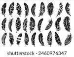Rustic ethnic decorative feathers set black silhouette, Collection of hand-drawn feathers, Set of decorative animal feathers, Bird feather icon silhouette collection
