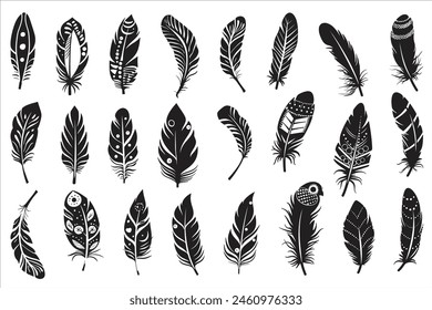 Rustic ethnic decorative feathers set black silhouette, Collection of hand-drawn feathers, Set of decorative animal feathers, Bird feather icon silhouette collection