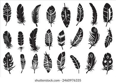 Rustic ethnic decorative feathers set black silhouette, Collection of hand-drawn feathers, Set of decorative animal feathers, Bird feather icon silhouette collection