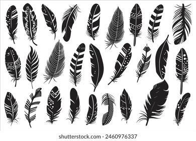 Rustic ethnic decorative feathers set black silhouette, Collection of hand-drawn feathers, Set of decorative animal feathers, Bird feather icon silhouette collection