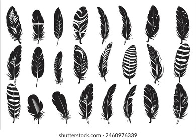 Rustic ethnic decorative feathers set black silhouette, Collection of hand-drawn feathers, Set of decorative animal feathers, Bird feather icon silhouette collection