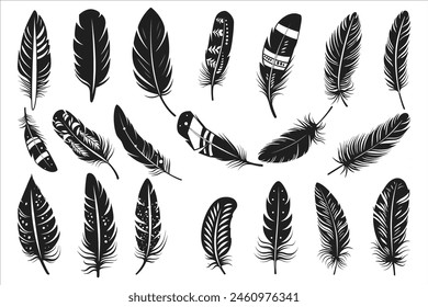 Rustic ethnic decorative feathers set black silhouette, Collection of hand-drawn feathers, Set of decorative animal feathers, Bird feather icon silhouette collection