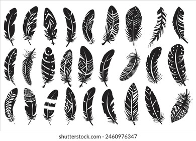 Rustic ethnic decorative feathers set black silhouette, Collection of hand-drawn feathers, Set of decorative animal feathers, Bird feather icon silhouette collection