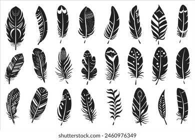 Rustic ethnic decorative feathers set black silhouette, Collection of hand-drawn feathers, Set of decorative animal feathers, Bird feather icon silhouette collection