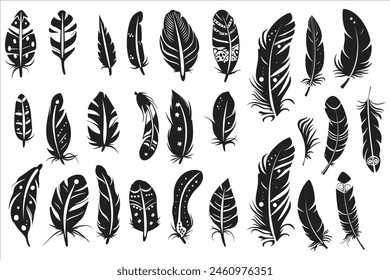 Rustic ethnic decorative feathers set black silhouette, Collection of hand-drawn feathers, Set of decorative animal feathers, Bird feather icon silhouette collection