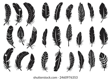 Rustic ethnic decorative feathers set black silhouette, Collection of hand-drawn feathers, Set of decorative animal feathers, Bird feather icon silhouette collection