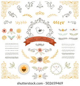 Rustic fall collection. Floral doodles, branches, flowers, birds, laurels, banners and frames. Good for birthday cards, wedding invitations and scrapbook.