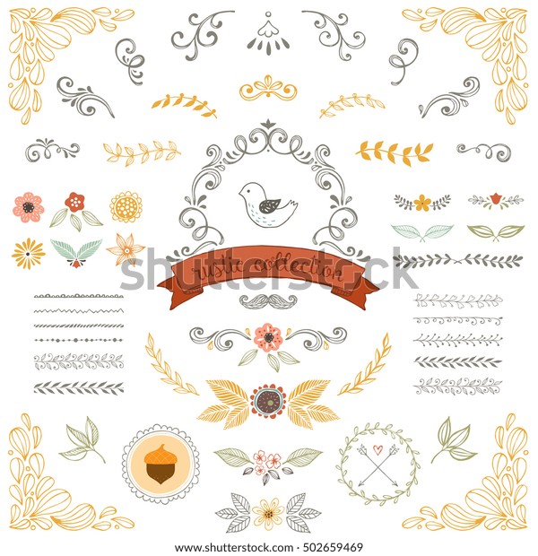 Rustic fall collection. Floral doodles,\
branches, flowers, birds, laurels, banners and frames. Good for\
birthday cards, wedding invitations and\
scrapbook.