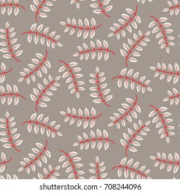 Rustic fall leaves in cartoon style seamless vector pattern. Acacia leaves illustration in beige and taupe colors.
