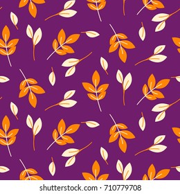 Rustic fall orange leaves in cartoon style seamless vector pattern. Autumn season leaves purple illustration texture repeat.