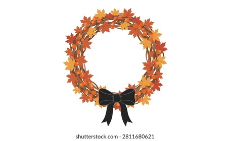 Rustic fall wreath crafted from intertwined branches, vibrant maple leaves, small berries, and finished with an elegant black bow.