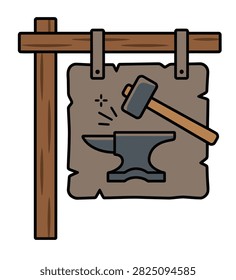 Rustic fantasy blacksmith shop hanging sign with hammer and anvil symbol isolated on white.