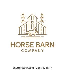 Rustic Farm Barn and Horse Logo Design. Equestrian Ranch Branding Symbol in Countryside