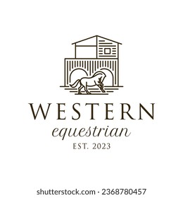 Rustic Farm Barn and Horse Logo Design. Equestrian Ranch Branding Symbol in Countryside