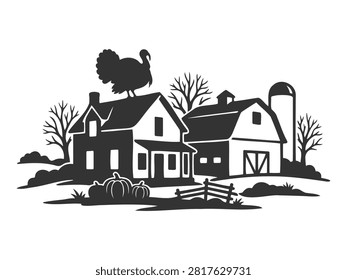 Rustic farm house with turkey on roof and pumpkins in black and white