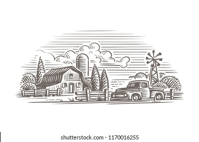 Rustic farm illustration. Vector.