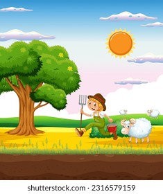 Rustikale Landschaft mit einem Jungen und seiner Schaf-Illustration