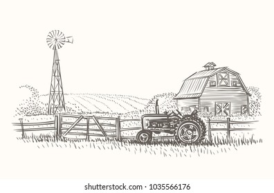 Rustic farm landscape hand drawn illustration. Vector. 