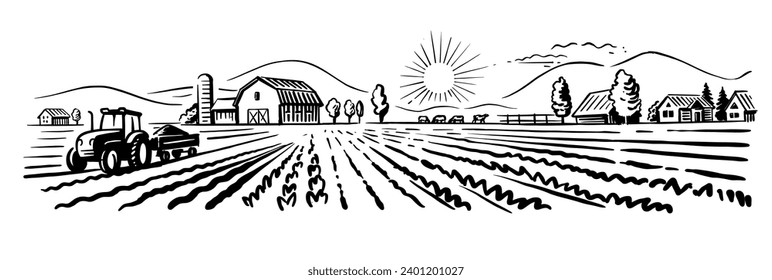 Rustic farm landscape hand drawn with tractor.