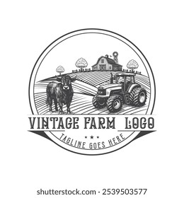 Rustic Farm Logo with Tractor and Cattle