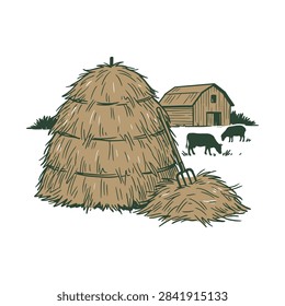 A rustic farm scene featuring a large haystack and cattle