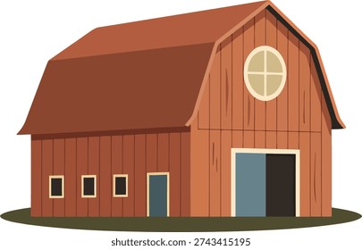 Rustic farm structure with red siding and gambrel roof. Rural life symbol.