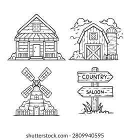 Rustic Farm and Western Outline Icon Set with Cabin Barn, Windmill, Wooden Sign Vector Illustration